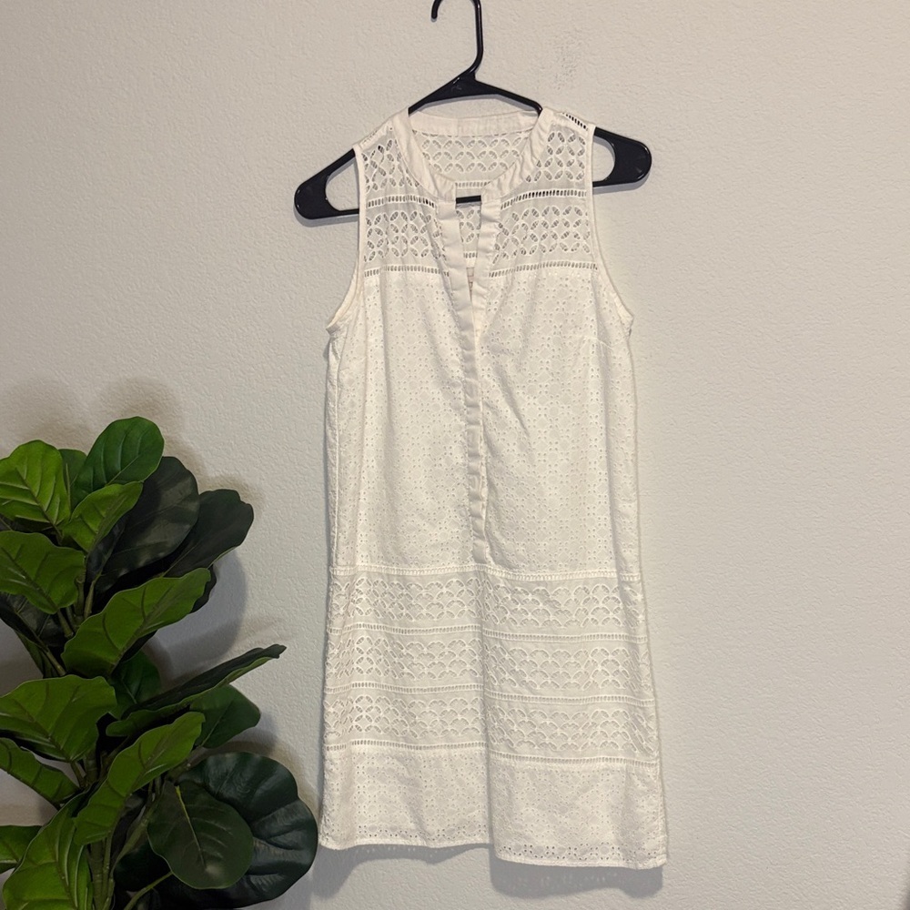 LOFT White Eyelet lace Sleeveless Mini Dress 4 with split v neck